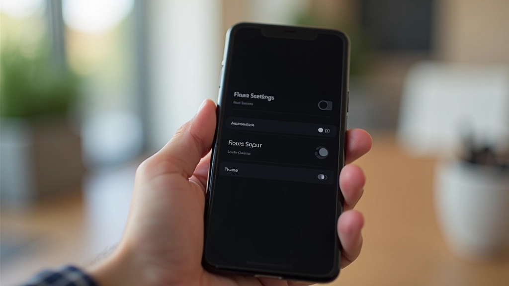 Smartphone moderno na mão mostrando toggle de tema na interface